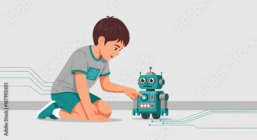 Young Boy Interacts With A Robot Demonstrating Tech, Future And Educational Concepts