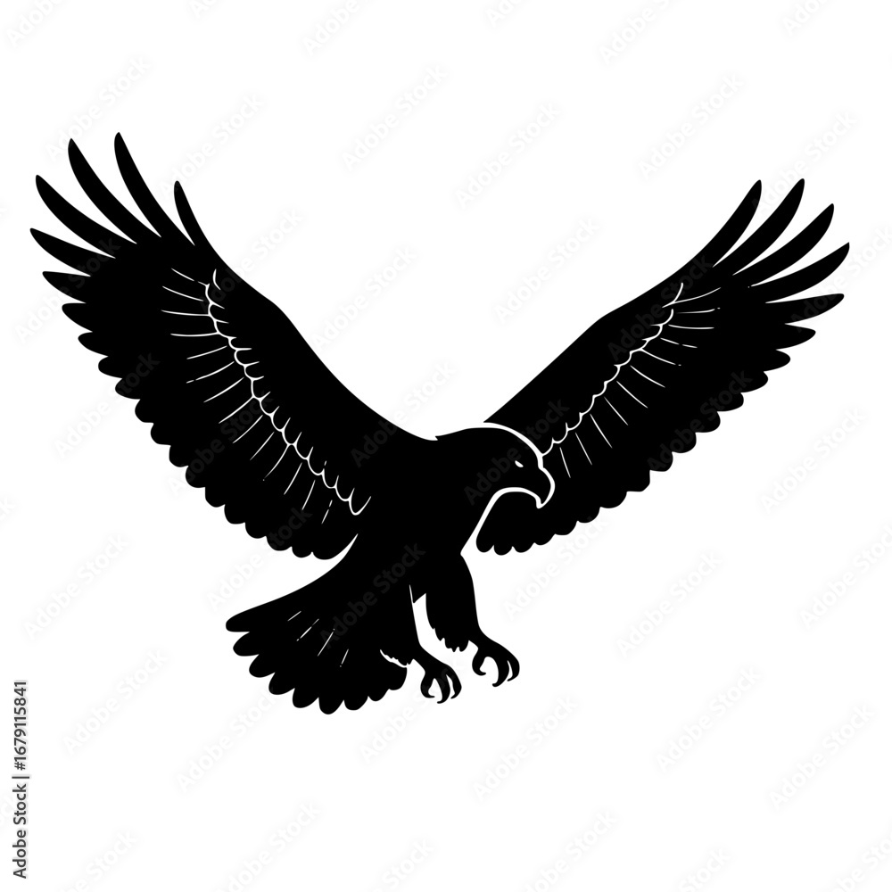 Fototapeta premium Black Silhouette Flying Eagle with Wide Wings Vector Isolated on White Background
