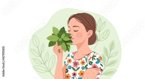 Woman's Tranquil Moment: Inhaling Freshness And Aromas From Green Nature