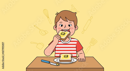 Young Boy Joyfully Eating Toast with Buttered Bread, A Tasty Morning Meal Illustration