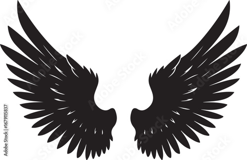 Majestic black angel wings spread wide against a clean white background symbolizing freedom and heavenly grace