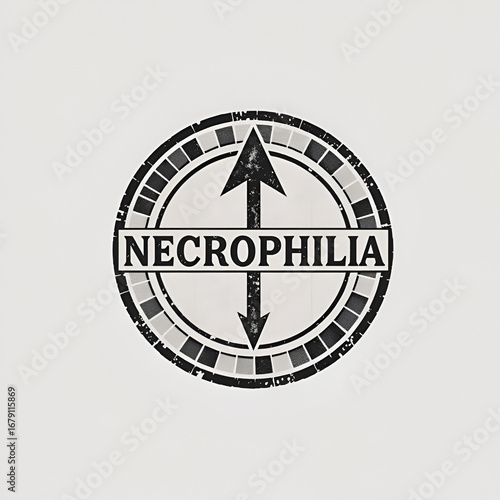 Circle mosaic arrowhead left and NECROPHILIA dirty stamp seal. Stamp includes NECROPHILIA title between parallel lines. Vector collage is based on arrowhead left icon,