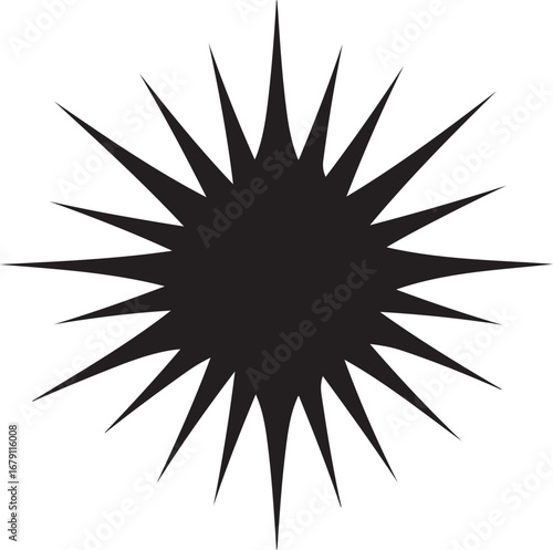 A stark black silhouette of a spiky starburst or sunburst shape with numerous sharp points radiating outwards from a central dark mass