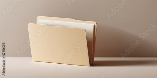 Minimalist beige folder with white paper inside on neutral background casting soft shadow for office use