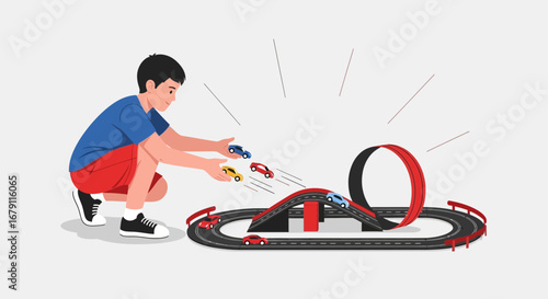 Young Boy Joyfully Playing With Toy Cars On A Race Track For Entertainment