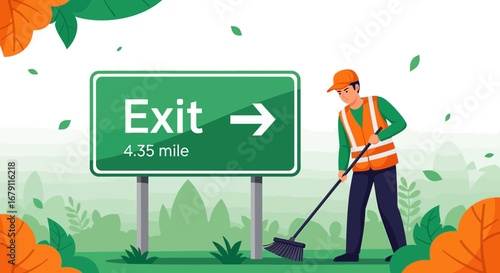 Working Road Maintenance Worker Sweeping Near Sign Indicating Expressway Exit And Direction