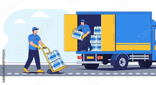 Workers Load Bottled Water Onto A Truck For Delivery Process In A Modern Style