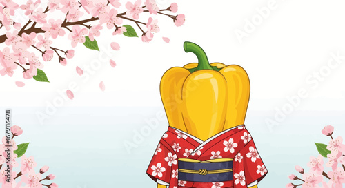 Yellow Pepper In Kimono Celebrating Spring Season With Cherry Blossoms