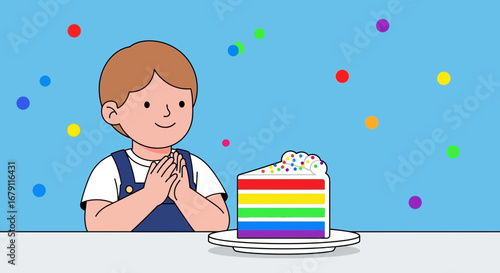 Young Boy Looking At Slice Of Rainbow Cake, Anticipating Joyful Celebration