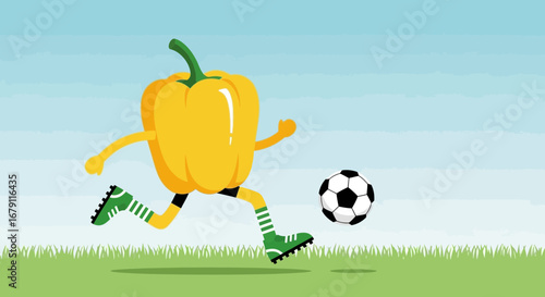 Yellow Pepper Plays Soccer Kicking the Ball towards the Field of Green Grass