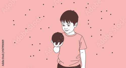 Young Boy Looks Intently At A Mysterious Dark Sphere Of Unknown Origin