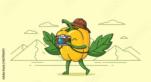 Yellow Vegetable Photographer Wearing a Hat Exploring Nature and Taking Photos