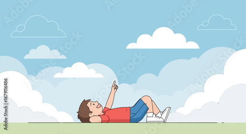 Young Boy Lounging And Pointing At The Sky And Enjoying The Beautiful Cloudy View