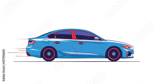 Stylized blue car illustration depicting rapid motion and speed with vivid color accents, highlighting movement and dynamism in a clean vector