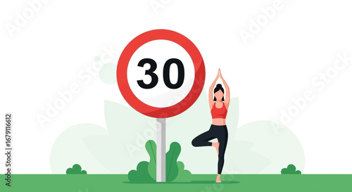 Yoga Practiced Near A Speed Limit Sign Denoting The Number Thirty Representing Age