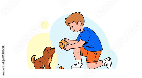 Young Boy Offering Biscuit To A Dog Illustration Demonstrating Playful Canine Behavior