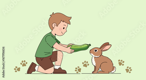 Young Boy Offers Zucchini to Adorable Animated Rabbit on Neutral Background