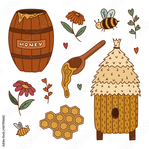 Lovely colored doodle set about honey farming with wooden barrel with dripping syrup, cute bee, beehive with straw roof. Colourful hand drawn collection beekeeping collection isolated on white.