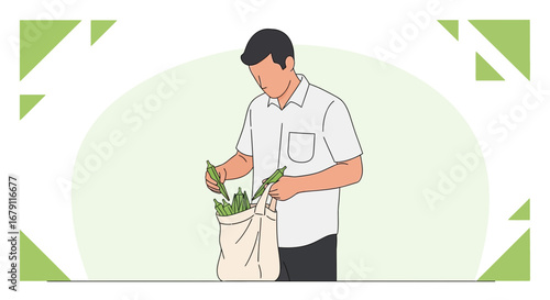 Young Adult Chooses Fresh Produce and Loads Into Bag For Healthy Vegetarian Meal
