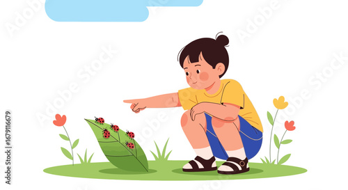 Young Adorable Child Gazing At Ladybugs Enjoying The Beauty Of Nature Outdoors