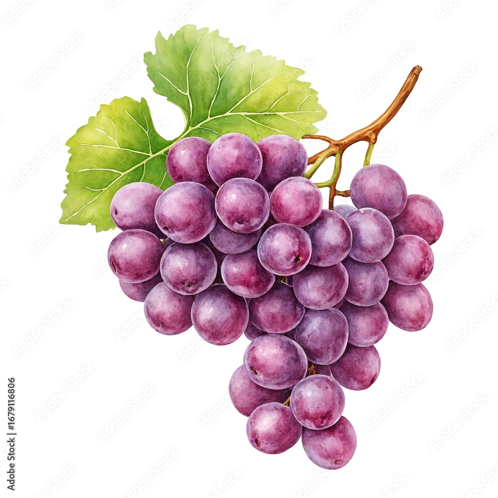 Fototapeta premium Bunch of purple grapes with green leaves watercolor botanical illustration