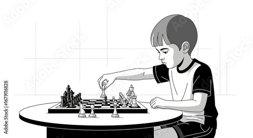Young boy playing chess on a round table concentrating on the board game