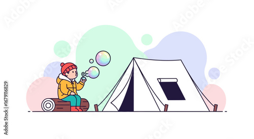 Young Adventurer Camping, Blowing Bubbles, Exploring Nature, Celebrating Joyful Moments