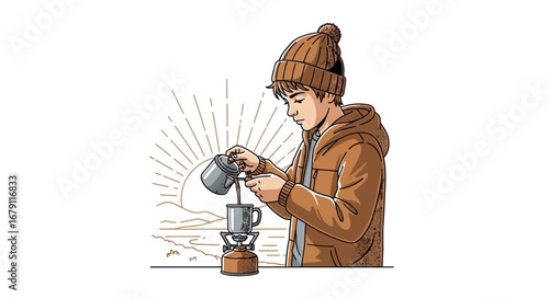 Young Adventurer Brewing Fresh Coffee Outdoors During a Sunny Morning Sunrise Scene