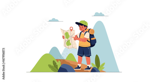 Young Adventurer Exploring The Wilderness, Planning The Route On A Hiking Trip