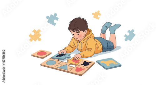 Young Boy Playing Jigsaw Puzzle, Focusing and Enjoying a Fun Sensory Activity