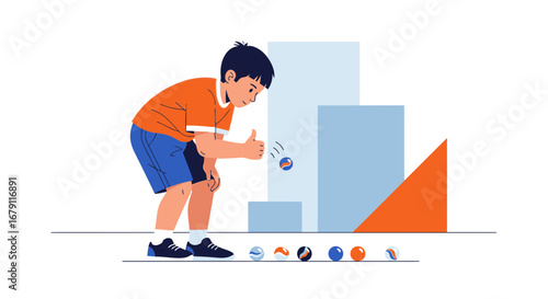 Young Boy Playing Marbles In A Fun Setting, Demonstrating Concentration And Dexterity