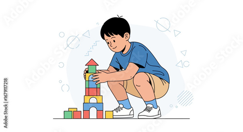 Young Boy Playing With Colorful Building Blocks Creates Architectural Marvel