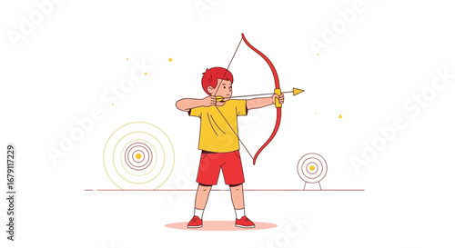 Young Archer Aiming Arrow With Bow And Arrow Towards Target Practice Illustration