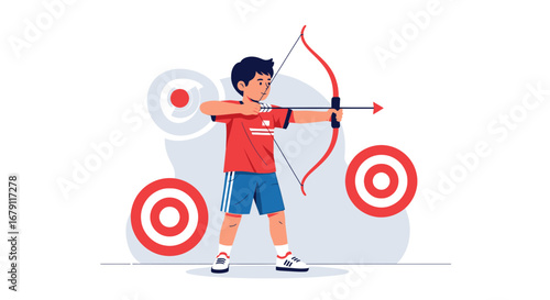 Young Archer Aims Arrow At Target Demonstrating Precision And Sporting Pursuits