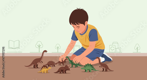 Young Boy Playing With Colorful Dinosaur Figurines on the Floor at Home