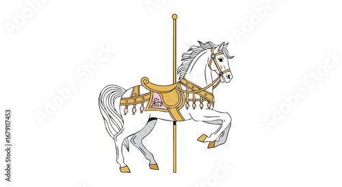 Elegant white carousel horse with intricate gold detailing and a stationary pole on a clean white background showcasing vintage charm and timeless