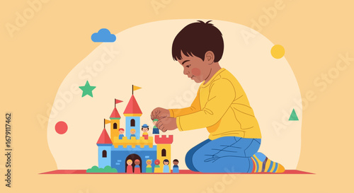 Young Artisan Creatively Assembling a Detailed Castle Illustrating Imagination and Childlike Joy
