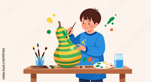 Young Artisan Crafting Colorful Designs on Gourd, Creating Artistic Expression
