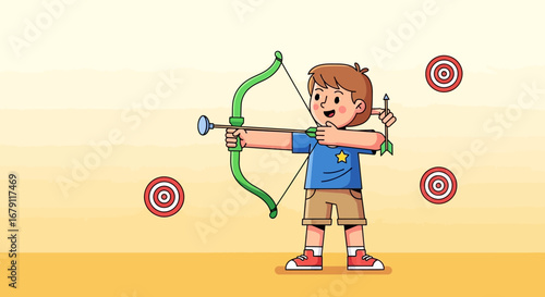 Young Archery Enthusiast Aims Arrow Towards Target Ready For Fun and Games Activities Illustration