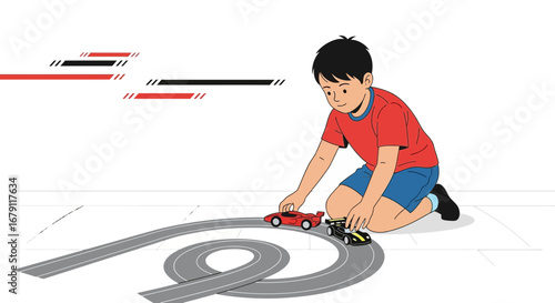Young Boy Playing With Toy Cars and Building A Playful Circuit on the Floor