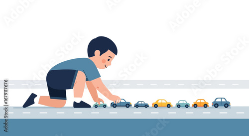 Young Boy Playing With Toy Cars, Arranging Them In A Row On A Simulated Road