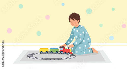 Young Boy Playing With Toy Train, Having Fun At Home In His Room Today