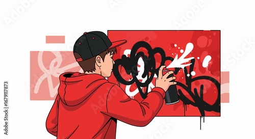 Young Artist Creating Street Graffiti Artwork with Spray Paint on A Vibrant Wall