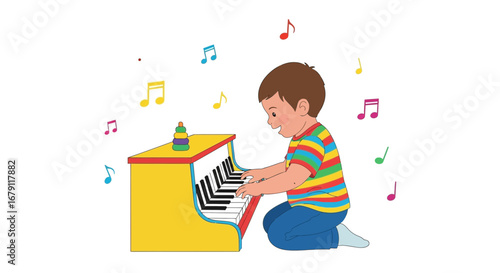 Young boy plays piano, music notes floating around, childhood and musical learning concept