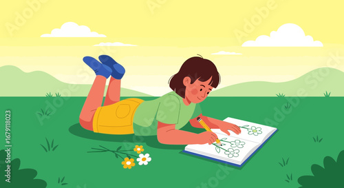 Young Artist Drawing Flowers Lying On The Green Grass, Enjoying The Sunny Day Outside