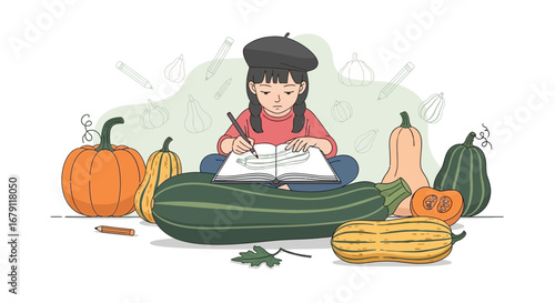 Young Artist Drawing Vegetable Illustrations Surrounded By Autumn Harvest Gourds