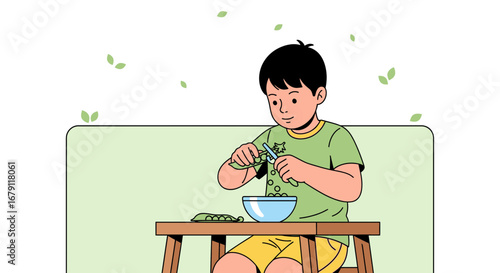 Young Boy Prepares Fresh Vegetables in a Kitchen, Wholesome and Healthy Cooking Activity