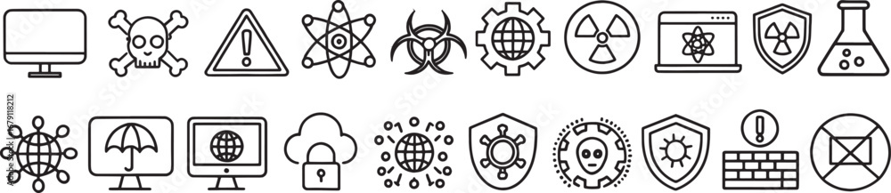 Obraz premium Cybersecurity and Digital Protection Line Art Icons with Danger and Security Symbols