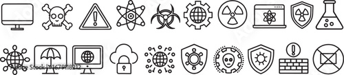 Cybersecurity and Digital Protection Line Art Icons with Danger and Security Symbols

