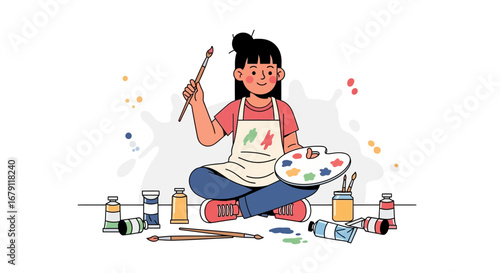 Young Artist Holding Brush And Palette While Creating Beautiful Artwork For Inspiration